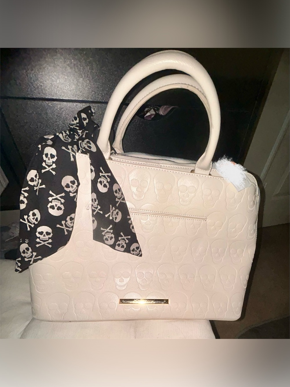 Betsey Johnson Cream Skull Embossed Tote Bag with Scarf - Picture 1 of 5